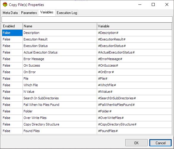 Copy Files Action - Variables tab