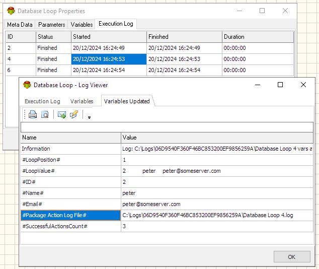 Database Loop Action - Execution log tab