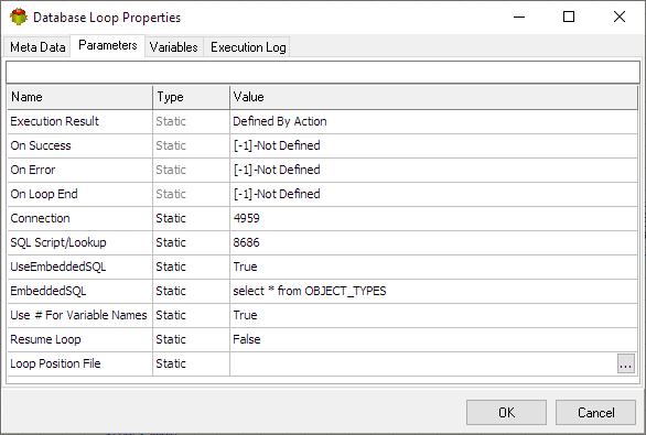 Database Loop Action - Parameters tab
