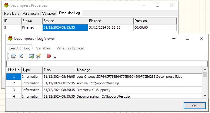 Decompress Action - Execution log tab