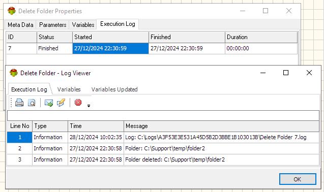 Delete Folder Action - Execution log tab