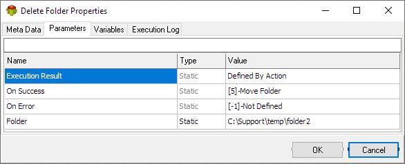 Delete Folder Action - Parameters tab