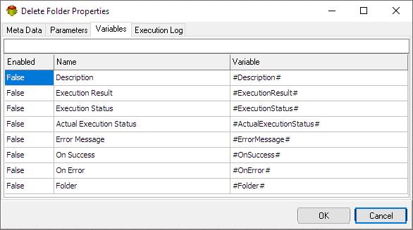 Delete Folder Action - Variables tab