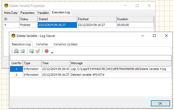 Delete Variable Action - Execution log tab
