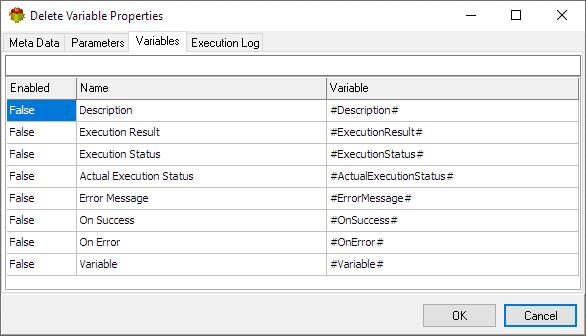 Delete Variable Action - Variables tab