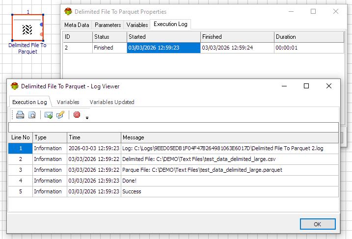 Delimited File Action - Execution log tab