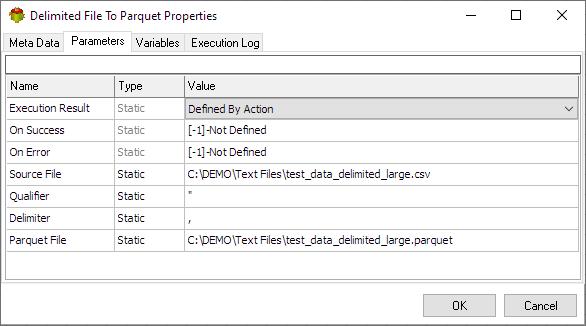 Delimited File to Parquet Action - Parameters tab