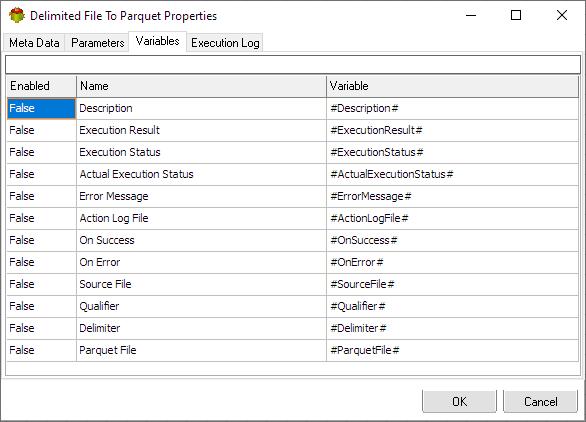 Delimited File to Parquet Action - Variables tab