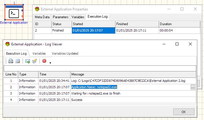External Application Action - Execution log tab