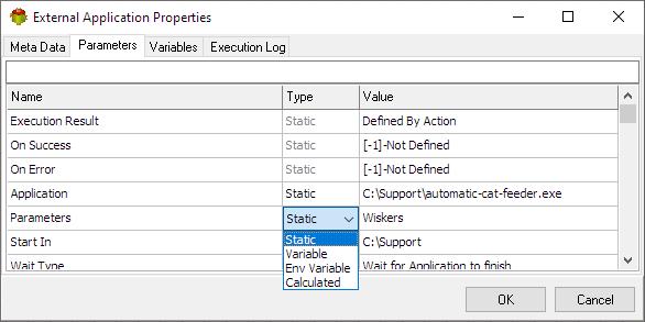 External Application Action - Parameters tab