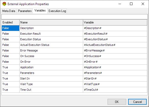 External Application Action - Variables tab