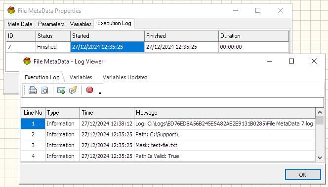 File Meta Data Action - Execution log tab