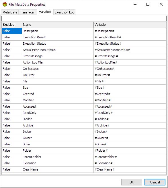 File Meta Data Action - Variables tab
