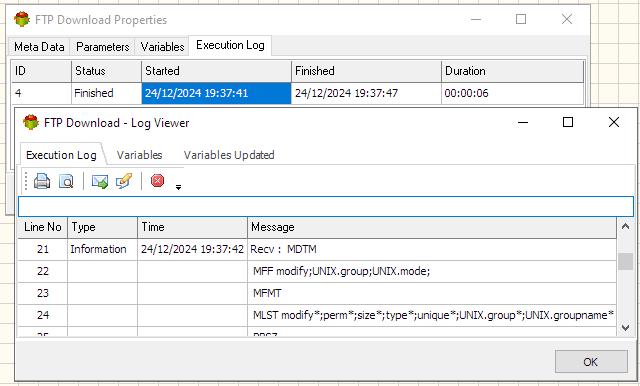 Ftp Download Action - Execution log tab