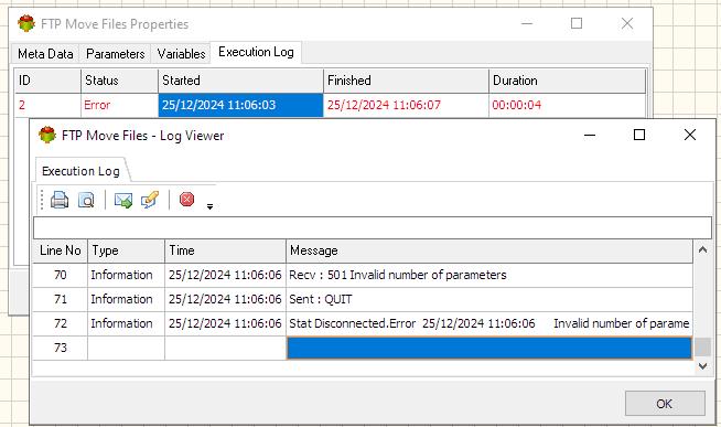 Ftp Move Files Action - Execution log tab
