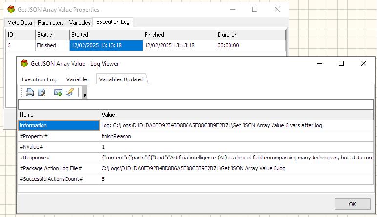 Get JSON Array Value Action - Execution log tab