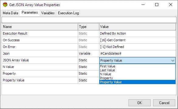 Get JSON Array Value Action - Parameters tab