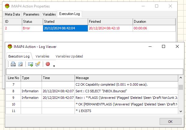IMAP4 Email Action - Execution log tab