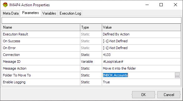 IMAP4 Email Action - Parameters tab