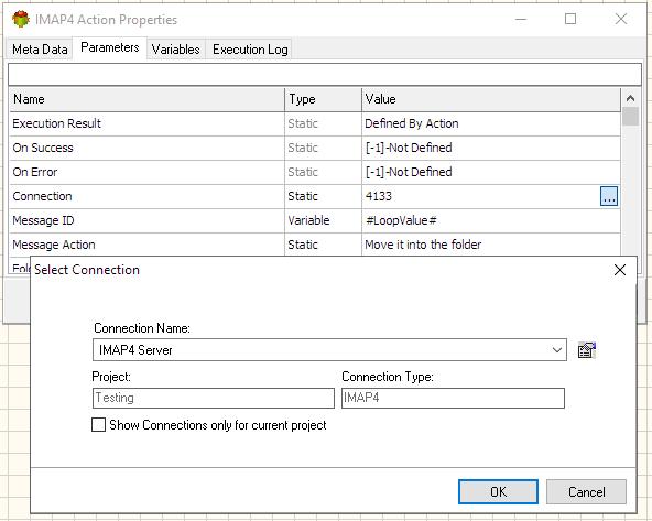 IMAP4 Email Action - Editing IMAP4 Connection