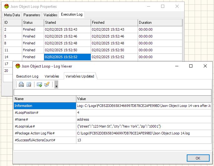 Json Object Loop Action - Execution log tab