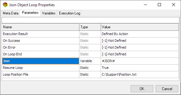 Json Object Loop Action - Parameters tab