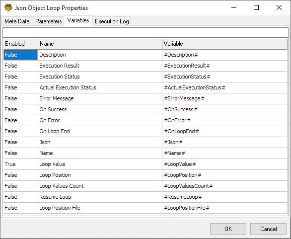 Json Object Loop Action - Variables tab