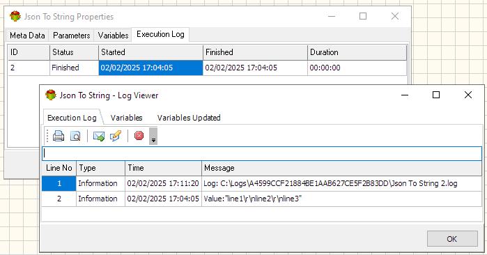 Json to String Action - Execution log tab