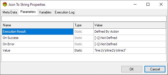 Json to String Action - Parameters tab