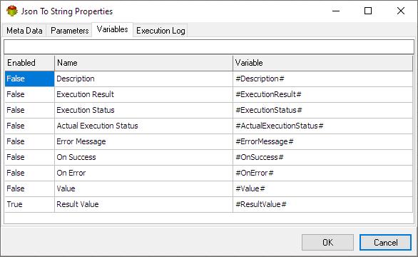 Json to String Action - Variables tab