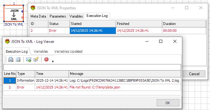 Json to XML Action - Execution log tab