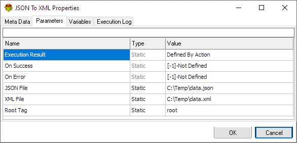 Json to XML Action - Parameters tab