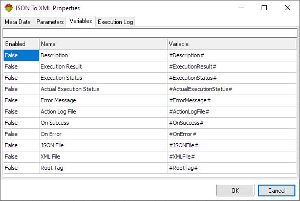 Json to XML Action - Variables tab