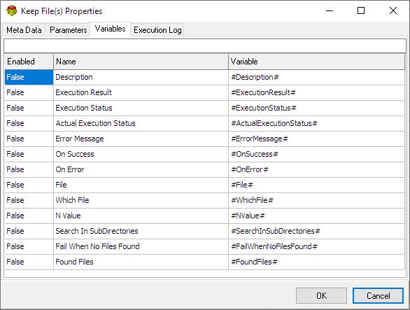 Keep File Action - Variables tab