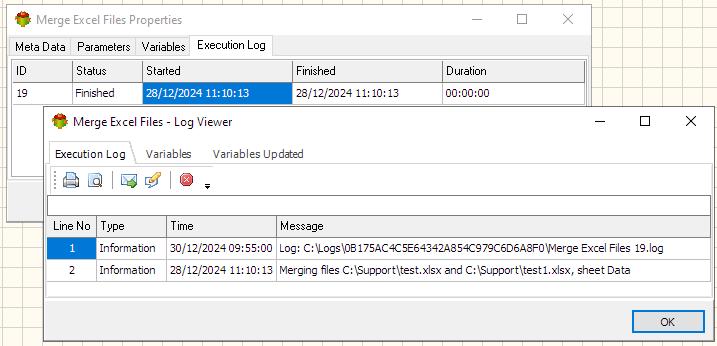 Merge Excel Files Action - Execution log tab