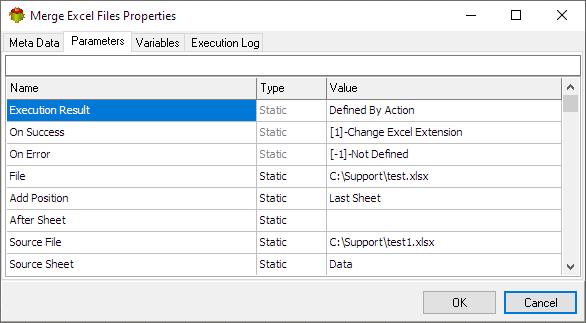 Merge Excel Files Action - Parameters tab