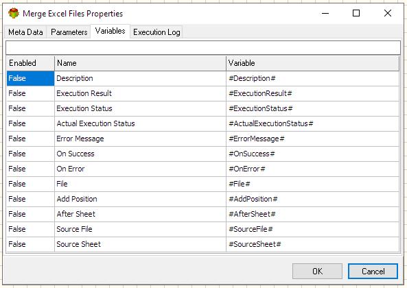 Merge Excel Files Action - Variables tab