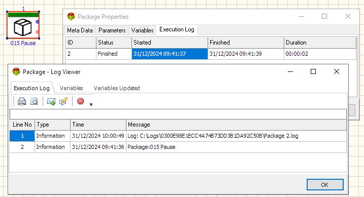 Package Action - Execution log tab