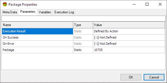 Package Action - Parameters tab
