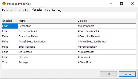 Package Action - Variables tab
