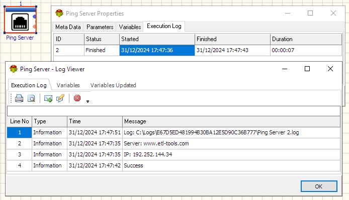 Ping Server Action - Execution log tab