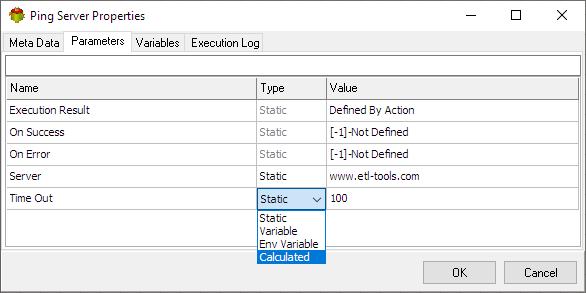 Ping Server Action - Parameters tab