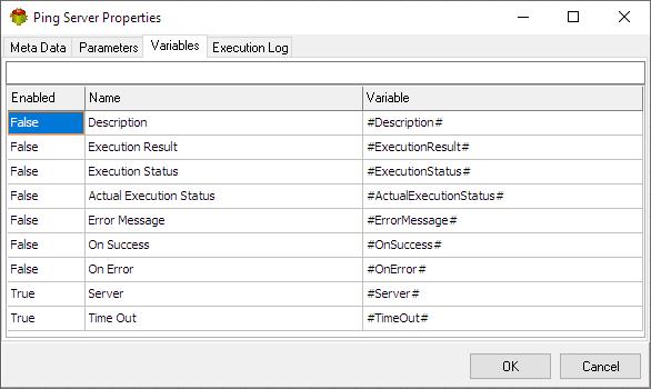 Ping Server Action - Variables tab