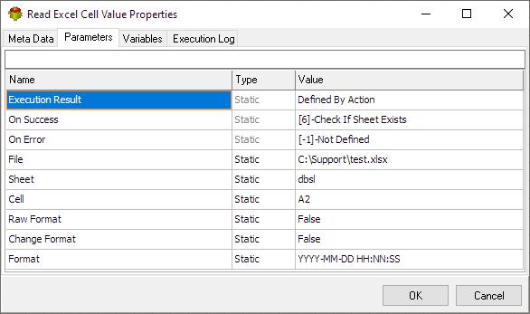 Read Excel Cell Value Action - Parameters tab