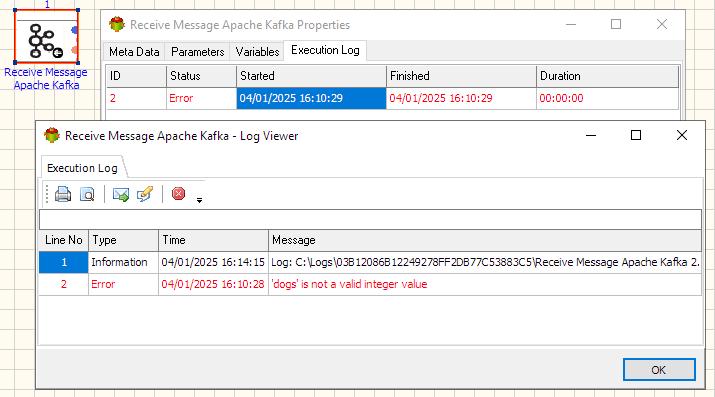 Receive Apache Kafka Message - Execution log tab