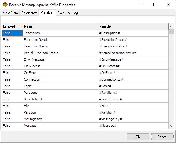 Receive Apache Kafka Message Action - Variables tab