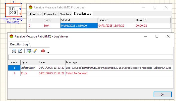 Receive RabbitMQ Message - Execution log tab
