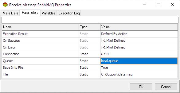 Receive RabbitMQ Message Action - Parameters tab
