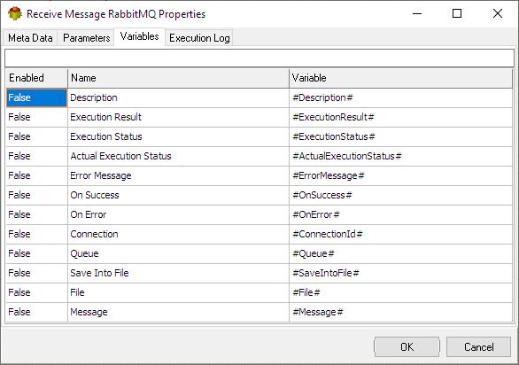 Receive RabbitMQ Message Action - Variables tab