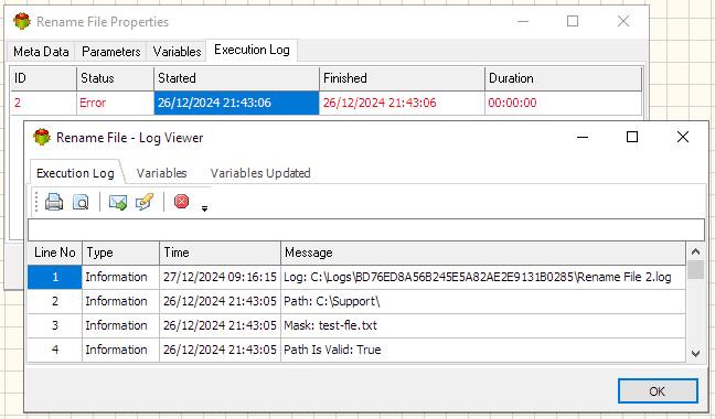 Rename File Action - Execution log tab